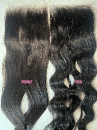 A straight closure and a wavy closure displayed side by side, both in 5x5 size, showing the contrast between the sleek, straight texture and the soft waves.