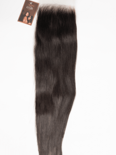 Natural black raw Indian lace closure on a plain white background